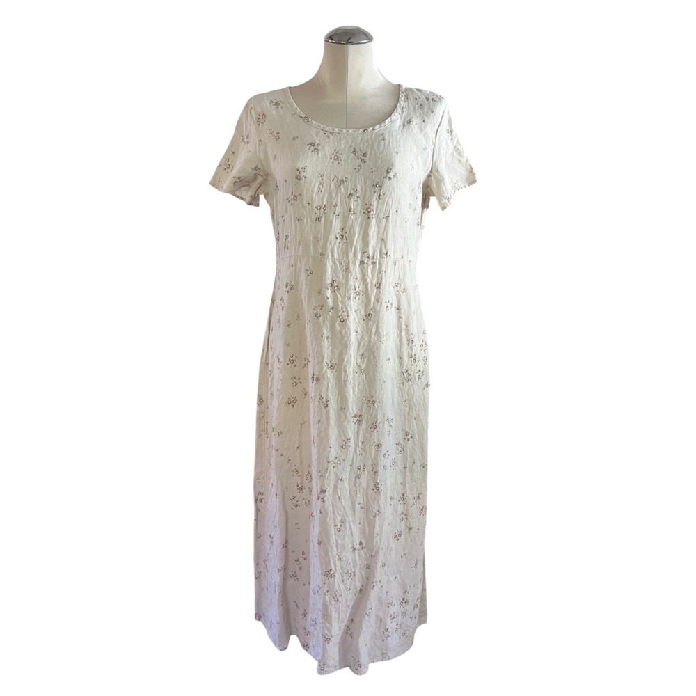 Liz Claiborne LizSport 100% Linen Floral Maxi Dress Cream Petite 12P Vintage
